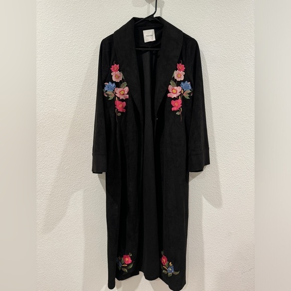 Fig & Viper Black Embroidered Floral Longline Faux Suede Boho Trench Coat Large - Picture 2 of 15